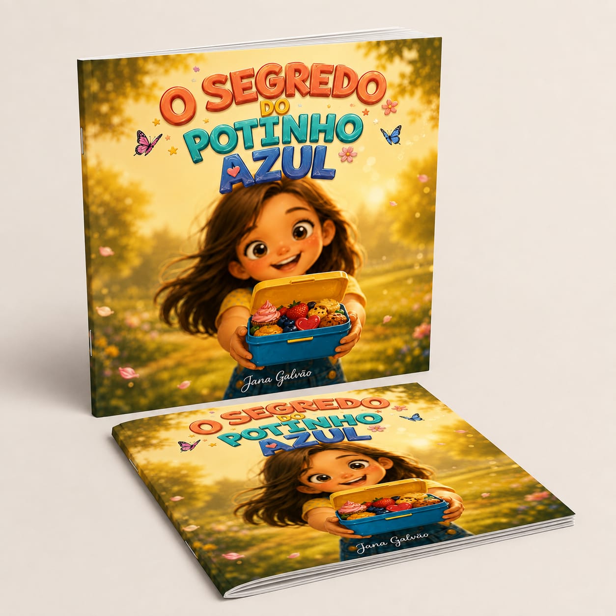 Mockup com dois exemplares do livro O Segredo do Potinho Azul.